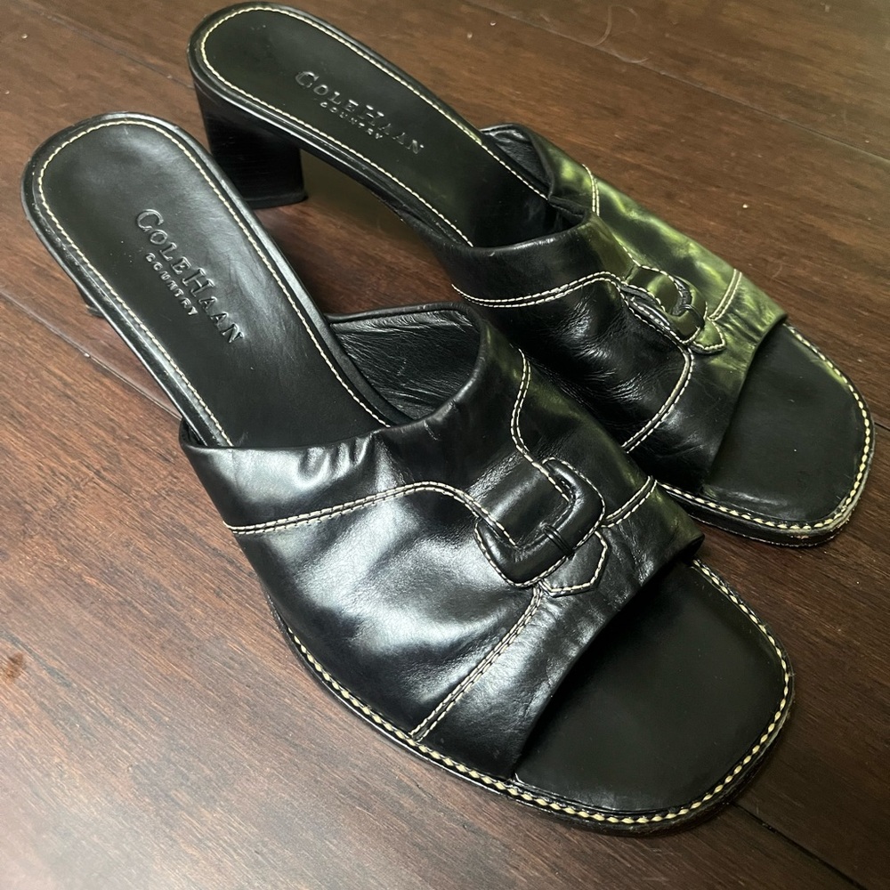 Cole Haan Sandals Breck White Stitch Slip On Black sz 10 Triangular Heels